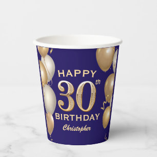 30th Birthday Party Navy Blue and Gold Balloons Paper Cups