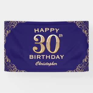 30th Birthday Party Navy Blue and Gold Glitter Banner