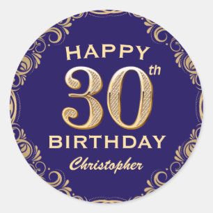 30th Birthday Party Navy Blue and Gold Glitter Classic Round Sticker
