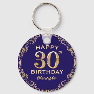 30th Birthday Party Navy Blue and Gold Glitter Key Ring