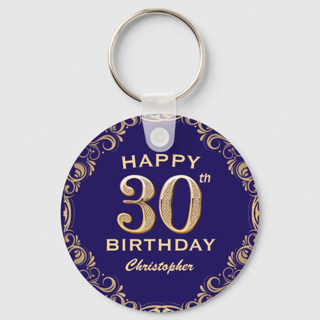 30th Birthday Party Navy Blue and Gold Glitter Key Ring (Front)