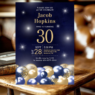 30th Birthday Party Navy Blue Gold Balloons Invitation