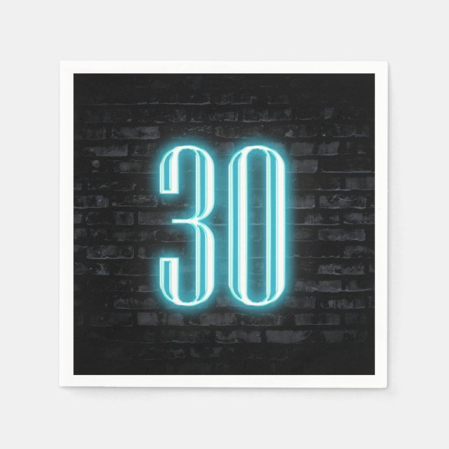30th Birthday Party Neon Sign on Brick Wall   Napkin (Front)