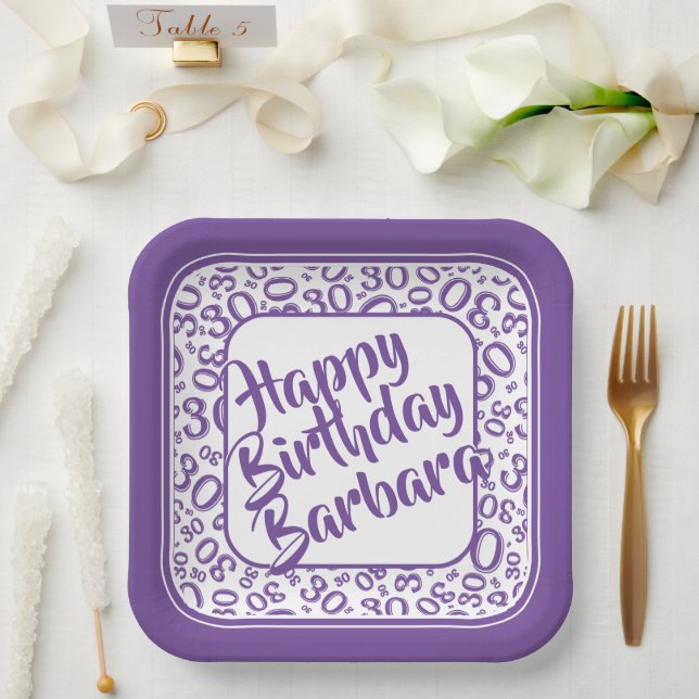 30th Birthday Party Number Pattern Purple/white Paper Plate (Wedding)