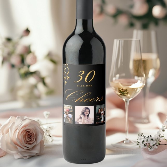 30th birthday party photo black gold cheers script wine label (Creator Uploaded)