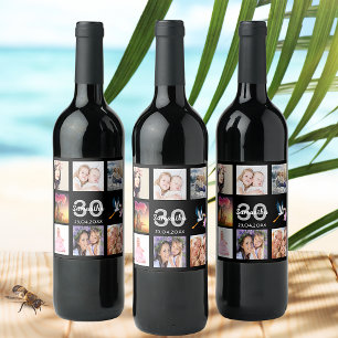 30th birthday party photo collage black wine label