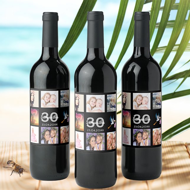 30th birthday party photo collage black wine label (Creator Uploaded)