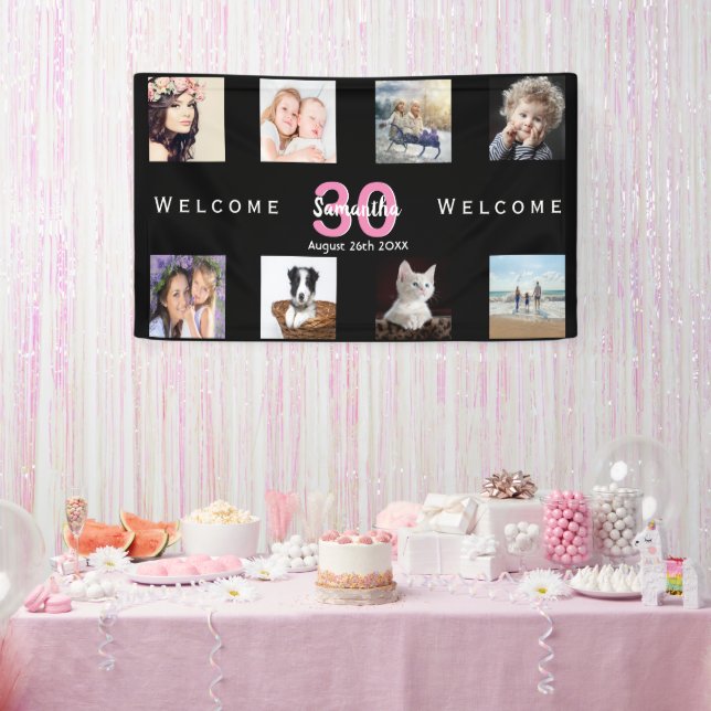 30th birthday party photo collage girl black banner (Party)