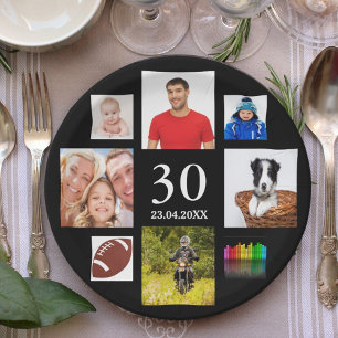 30th birthday party photo collage guy black paper plate