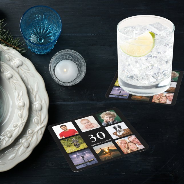 30th birthday party photo collage guy black square paper coaster (Creator Uploaded)