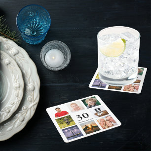 30th birthday party photo collage men square paper coaster