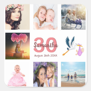 30th birthday party photo collage square sticker
