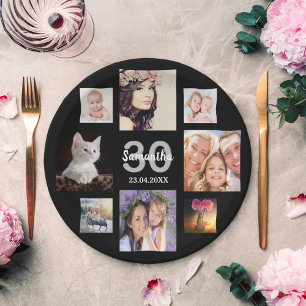 30th birthday party photo collage woman black paper plate