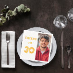 30th birthday party photo gold balloons cheers napkin<br><div class="desc">A napkin for a 30th birthday party. Template for your photo.  White background and the tex: Cheers to 30.  The text is written with a trendy faux gold balloon script.</div>