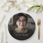 30th Birthday Party Photo Gold Script Cheers  Paper Plate<br><div class="desc">Make your 30th birthday celebration even more memorable with these stylish photo gold script "Cheers" paper plates. Featuring a custom photo and chic gold script, these plates are perfect for serving food in a fashionable way. Elevate your party decor with this elegant and trendy tableware option that captures the essence...</div>