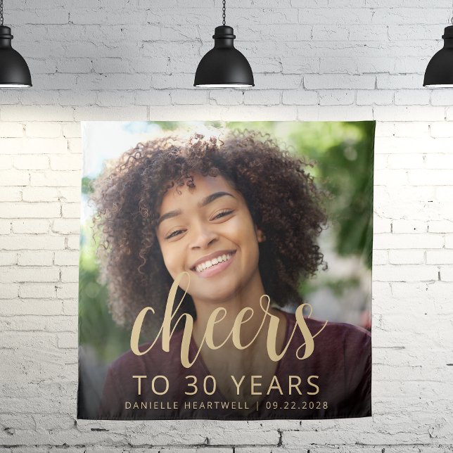 30th Birthday Party Photo Gold Script Cheers Tapestry (Creator Uploaded)