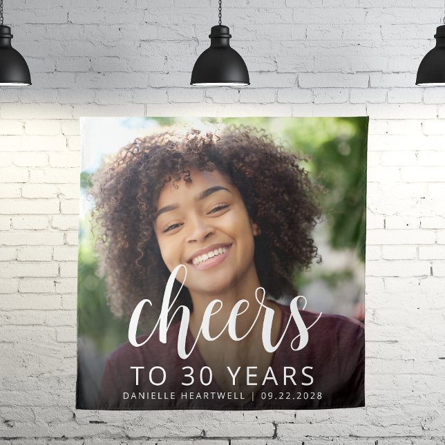 30th Birthday Party Photo White Script Cheers Tapestry (Creator Uploaded)