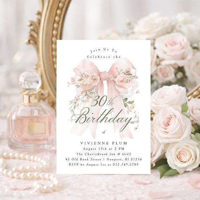 30th Birthday Party Pink Coquette Bow Rose Floral Invitation (Creator Uploaded)