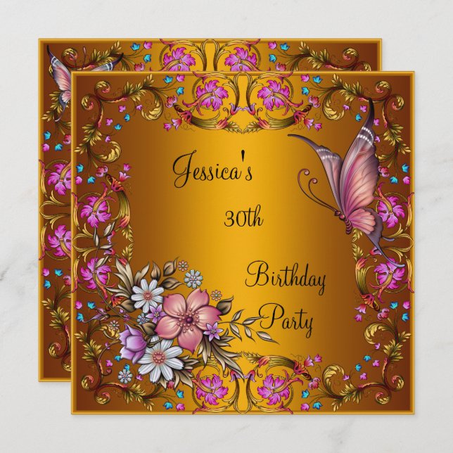 30th Birthday Party Pink Floral Butterfly Gold Invitation (Front/Back)