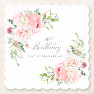 30th Birthday Party Pink Floral Custom Paper Coaster