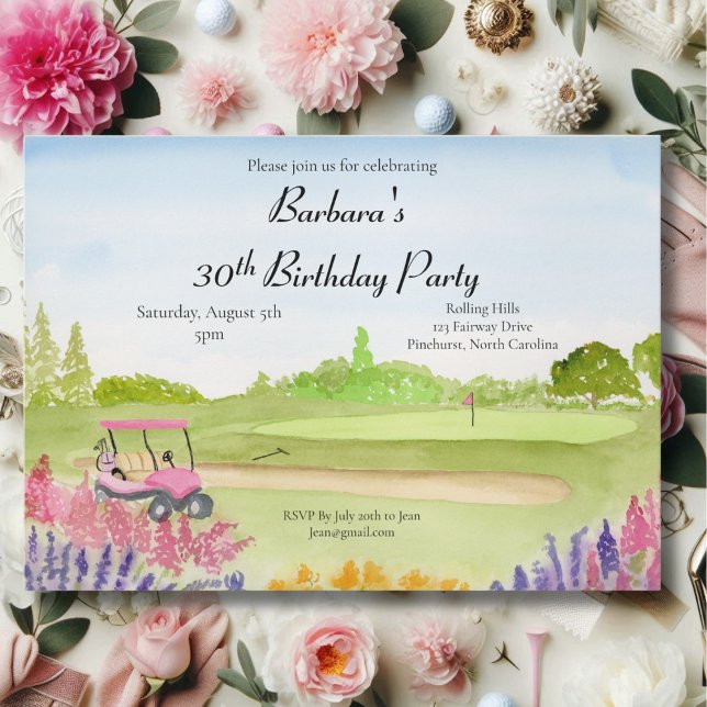 30th Birthday Party Pink Golf Cart Golf Course Invitation (Creator Uploaded)