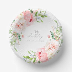 30th Birthday Party Pink Peony Floral Custom Paper Plate