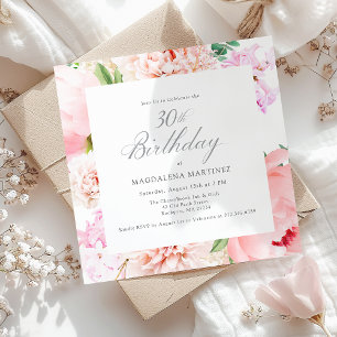 30th Birthday Party Pink Peony Floral Square Invitation