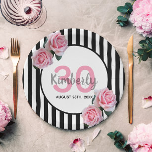 30th birthday party pink roses black white stripes paper plate