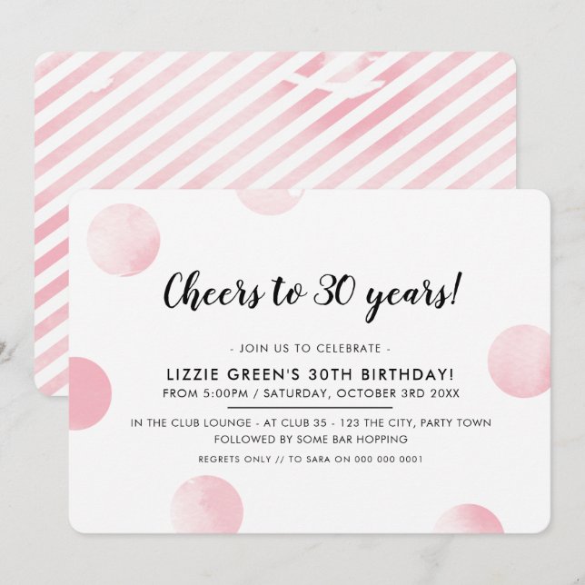 30TH BIRTHDAY PARTY pink watercolor polka dots Invitation (Front/Back)