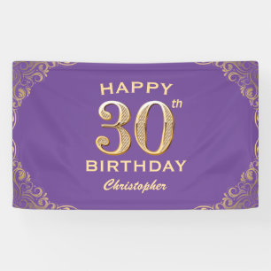 30th Birthday Party Purple and Gold Glitter Frame Banner
