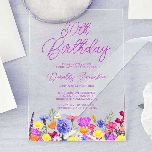 30th Birthday Party Purple Boho Wildflower Acrylic Invitations (Creator Uploaded)