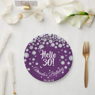30th birthday party purple diamonds paper plate
