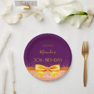 30th birthday party purple gold elegant bow name paper plate