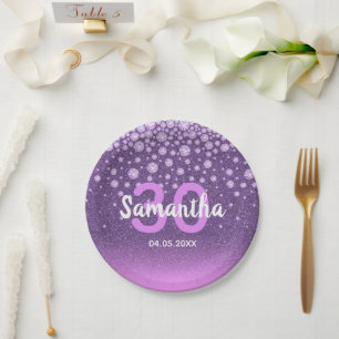 30th birthday party purple pink glitter name paper plate