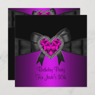 30th Birthday Party Purple Pink Heart Jewel Black Invitation