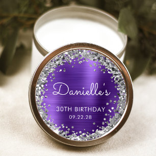30th Birthday Party Purple Silver Glitter Classic Round Sticker