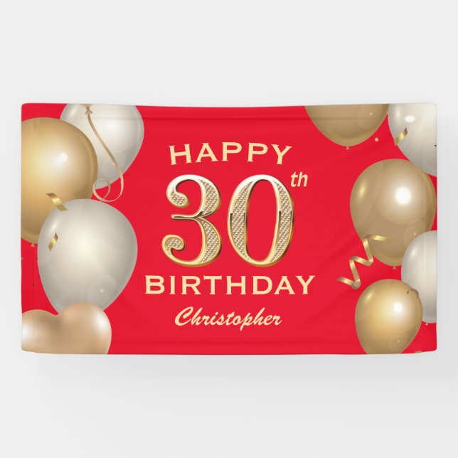 30th Birthday Party Red and Gold Balloons Banner (Horizontal)