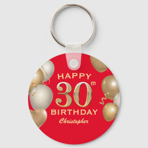 30th Birthday Party Red and Gold Balloons Key Ring