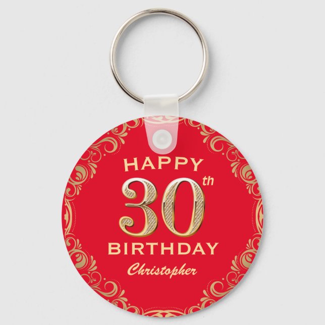 30th Birthday Party Red and Gold Glitter Frame Key Ring (Front)