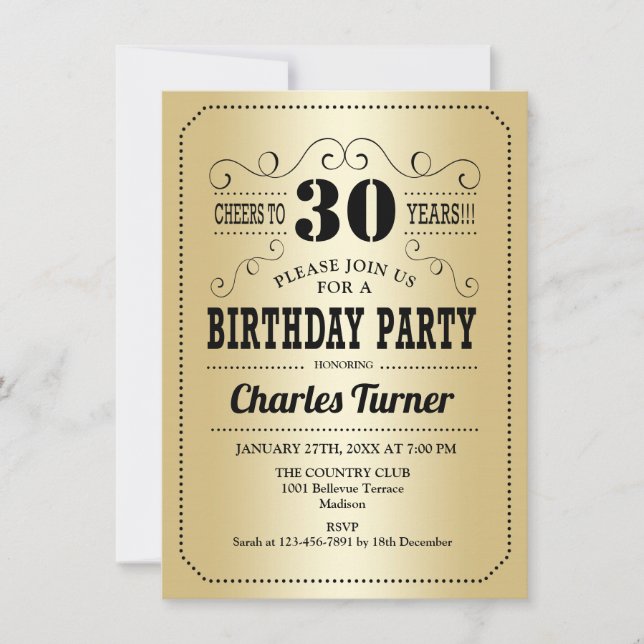 30th Birthday Party - Retro Gold Black Invitation (Front)