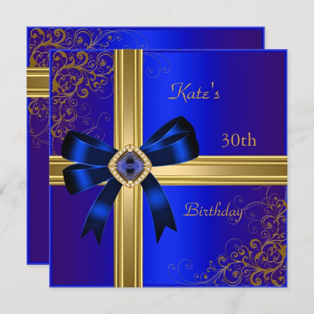 30th Birthday Party Rich Royal Blue Gold Jewel Invitation (Front/Back)