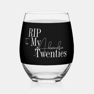 30th Birthday Party RIP 20s Black and White Stemless Wine Glass