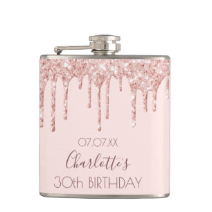 30th birthday party rose gold drips pink hip flask