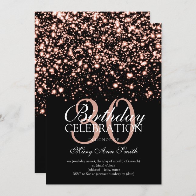 30th Birthday Party Rose Gold Midnight Glam Invitation (Front/Back)