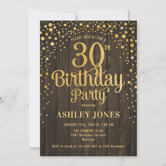 30th Birthday Party - Rustic Wood & Gold Invitation (Front)