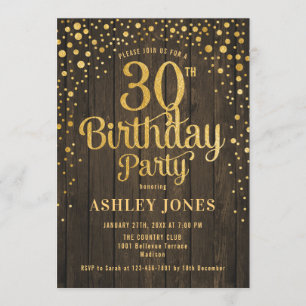30th Birthday Party - Rustic Wood & Gold Invitation