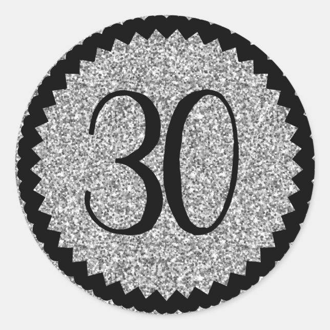 30th Birthday Party Silver Glitter Classic Classic Round Sticker (Front)