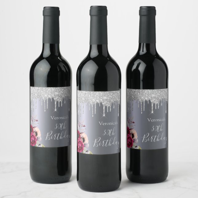 30th birthday party silver glitter drips flowers wine label (Bottles)