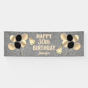 30th Birthday Party Silver Glitter Personalised Banner
