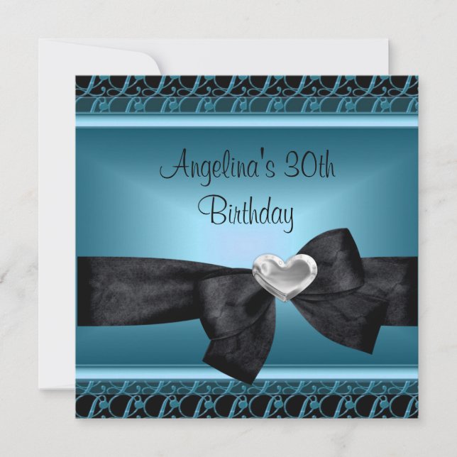 30th Birthday Party Silver Heart Teal Blue Black Invitation (Front)